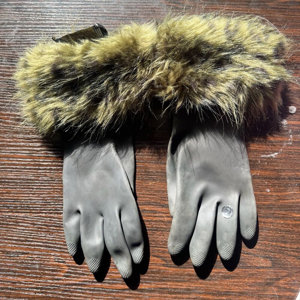 Royal Accessories Latex Dishwashing Gloves Black Faux Fur Cuffs Uptown Girl